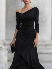 One-Shoulder Ruched Asymmetric Ruffle Hem Maxi Dress