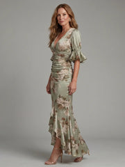 Palm | Short Sleeve V Neck Ruched Waist Midi Dress