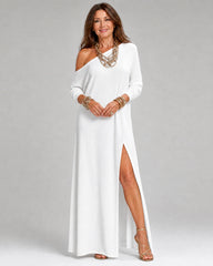 Asterelle | One Shoulder Side Slit Flowing Midi Dress