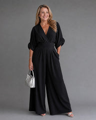 Emene | Draped V Neck Wide Leg Relaxed Jumpsuit