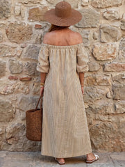 Vika | Off Shoulder Vertical Stripe Pattern Midi Dress