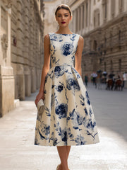 Floral Sleeveless A-Line Cotton-Blend Midi Dress