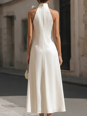 Elegant Ivory Satin Halter Maxi Dress