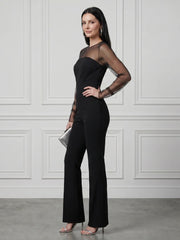Oksana | Sheer Fitted Bodice Flared Leg Jumpsuit