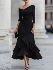 One-Shoulder Ruched Asymmetric Ruffle Hem Maxi Dress