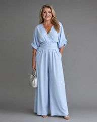 Emene | Draped V Neck Wide Leg Relaxed Jumpsuit