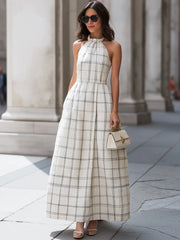 Ruffled Halter Neck Plaid A-Line Maxi Dress