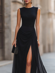 Draped High-Slit Layered Maxi Evening Dress
