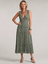Somala | Pleated Sleeveless Tiered V Neck Midi Dress