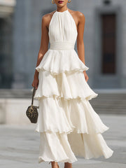 Halter Neck Tiered Pleated Chiffon Maxi Dress