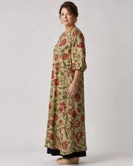 Rimla | Botanical Print Relaxed Three Quarter Sleeve Midi Dress