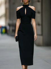 Cold-Shoulder Keyhole High Neck Bodycon Maxi Dress