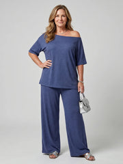 Elarim | Short Sleeve Off Shoulder Top And Wide Leg Pants Set