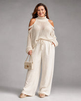 Elamen | Cold Shoulder Knit Sweater Wide Leg Pants Set