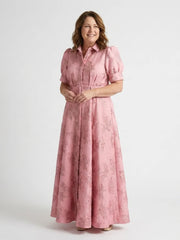 Xanthea | Short Sleeve Belted Floral Textured Maxi Shirt Dress
