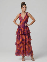 Gala | Deep V Sleeveless Painterly Pattern Midi Dress