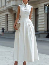 Mandarin Collar Frog Button Pleated A-Line Maxi Dress
