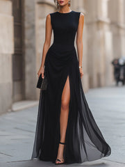 Draped High-Slit Layered Maxi Evening Dress