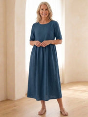 Maribel | Round Neck Short Sleeve Gathered Midi Dress