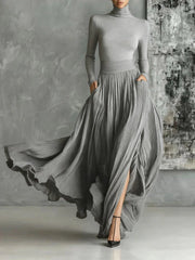 Alina – Elegant High-Neck Flowy Maxi Dress