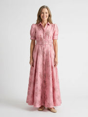 Xanthea | Short Sleeve Belted Floral Textured Maxi Shirt Dress
