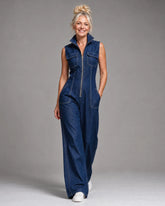 Samantha | Zip Front Sleeveless Denim Wide Leg Jumpsuit