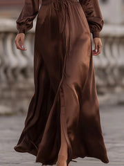 Satin Cinched Waist Maxi Dress In Mocha Brown