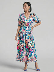 Candlia | Puff Sleeve V Neck Abstract Print Midi Dress