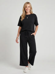 Wihel | Short Sleeve Drawstring Waist And Straight Leg Pants Set
