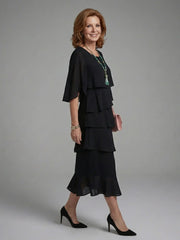 Maelis | Layered Cape Sleeve Midi Dress