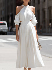 Halter Neck Cutout Waist Pleated A-Line Midi Dress