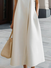 Asymmetric High-Neck Flowing A-Line Maxi Dress