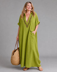 Elakeja | Embroidered V Neck Pocket Detail Relaxed Midi Dress