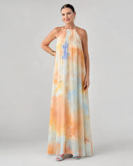 Eloque | Watercolor Halter Neck Flowing Maxi Dress
