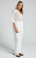 Cessily Top - V Neck Oversized Sheer Crochet Blouse in White