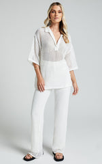 Cessily Top - V Neck Oversized Sheer Crochet Blouse in White