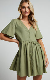 Staycation Mini Dress - Smock Button Up Dress in Khaki