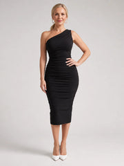 Cemol | One Shoulder Soft Ruched Detail Midi Dress