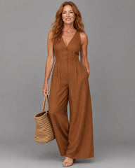 Lyssara | Button Front Sleeveless Wide Leg Relaxed Jumpsuit