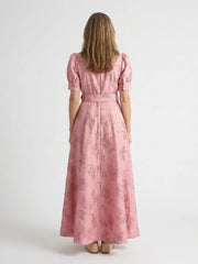 Xanthea | Short Sleeve Belted Floral Textured Maxi Shirt Dress