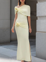 One-Shoulder Floral Draped Bodycon Maxi Dress