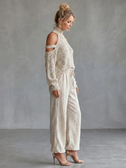 Questa | Open Shoulder Knit Top And Wide Leg Pants Set