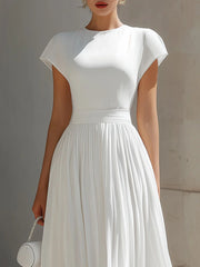 Round Neck Cap Sleeve Pleated Chiffon Waisted Maxi Dress