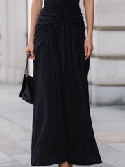 Black One Shoulder Ruched Waist Flowy Maxi Dress