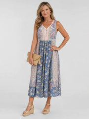 Lemez | Mixed Floral Sleeveless Button Detail Midi Dress