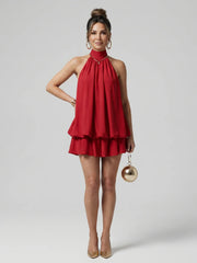 Hadley | High Neck Layered Chiffon Flared Hem Mini Dress