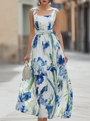Elegant Watercolor Iris Print Square Neck Maxi Dress