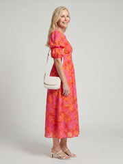 Zarelle | Puff Sleeve V Neck Bold Floral Print Midi Dress