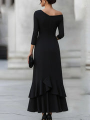 One-Shoulder Ruched Asymmetric Ruffle Hem Maxi Dress