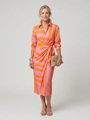 Leya | Long Sleeve Collared Wrap Stripe Pattern Midi Dress